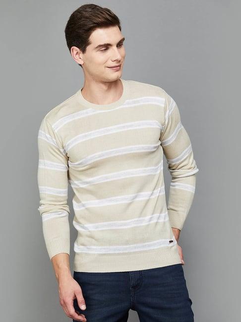 fame forever by lifestyle beige cotton regular fit striped sweatshirt