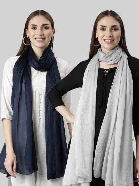 twin birds navy & silver plain dupatta - pack of 2