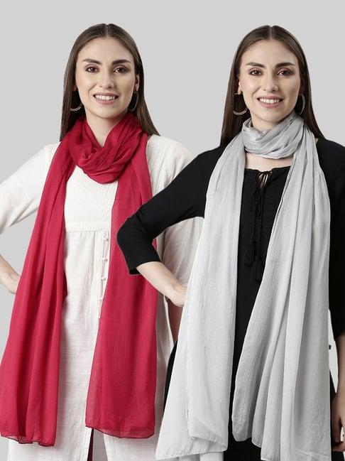 twin birds red & silver plain dupatta - pack of 2