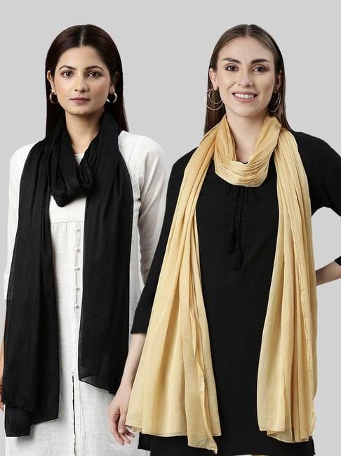 twin birds black & golden plain dupatta - pack of 2