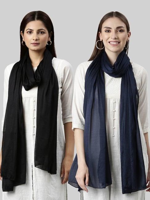 twin birds black & navy plain dupatta - pack of 2