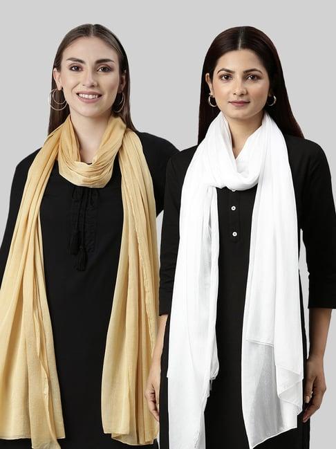 twin birds golden & white plain dupatta - pack of 2