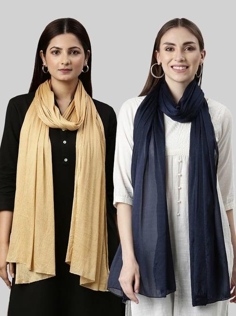 twin birds golden & navy plain dupatta - pack of 2