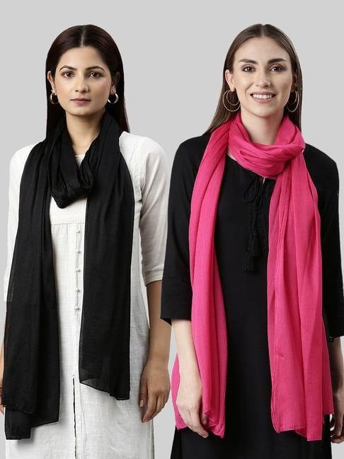 twin birds black & pink plain dupatta - pack of 2