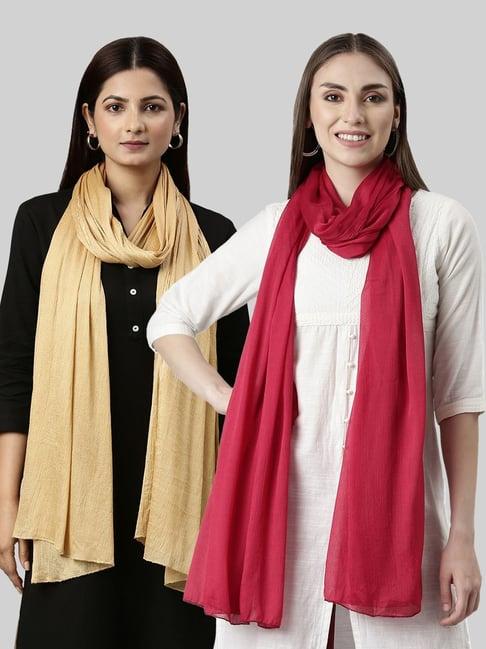 twin birds golden & red plain dupatta - pack of 2