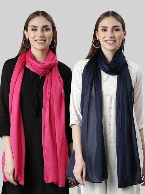 twin birds pink & navy plain dupatta - pack of 2