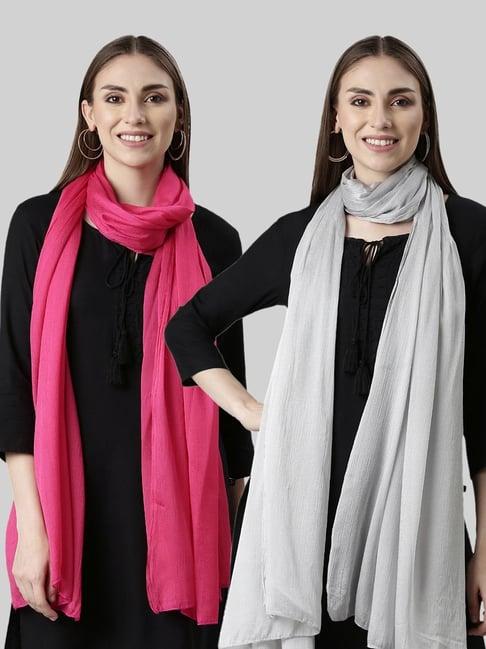 twin birds pink & silver plain dupatta - pack of 2