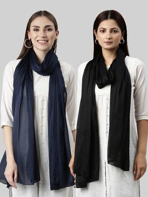 twin birds navy & black plain dupatta - pack of 2