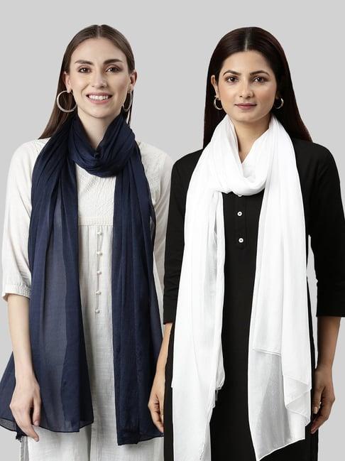 twin birds navy & white plain dupatta - pack of 2