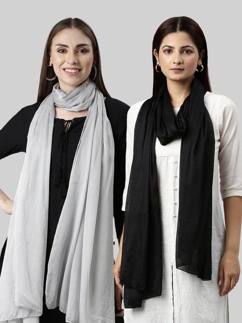 twin birds silver & black plain dupatta - pack of 2