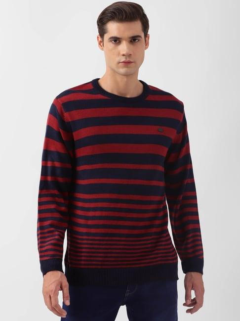 peter england casuals navy blue & red regular fit striped sweater