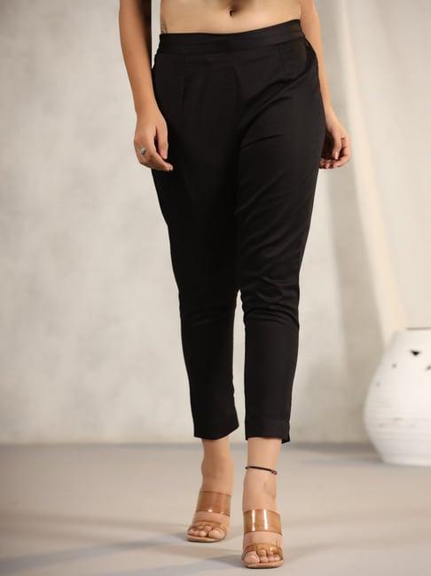 juniper black cotton lycra pants for women with partially elasticated waistband