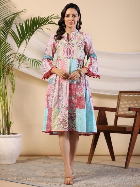 juniper multi-colour ethnic motif printed pure cotton midi dress with sequined work