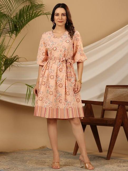 juniper peach floral printed pure cotton short dress with belt & beads work