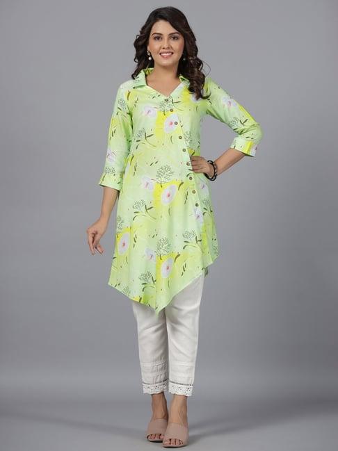 juniper lime green women rayon aquatic printed & asymmetric kurta