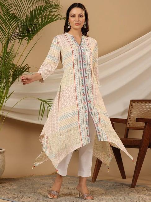 juniper multi-color geometric printed rayon kurta with beads & sequins work