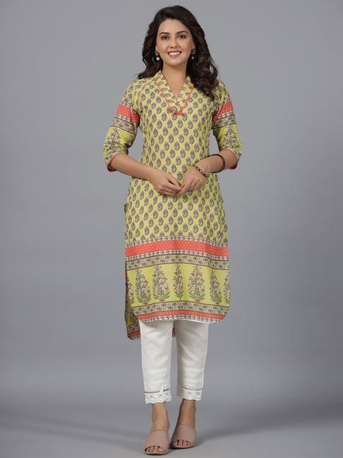 juniper women lime green motif print high low cotton kurta with kaudis tassels & contract piping