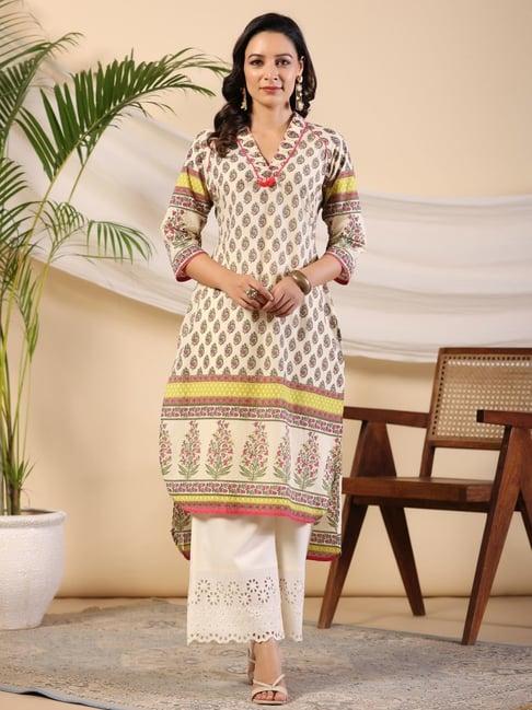 juniper women beige ethnic motif print high low cotton kurta with kaudis tassels & contract piping