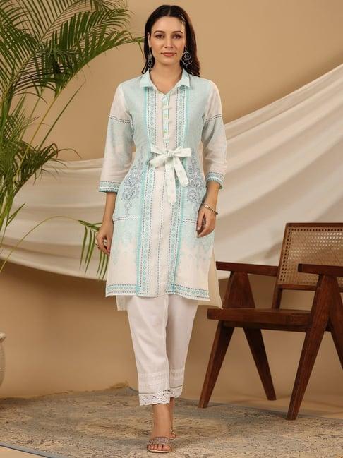 juniper the dhara tie-up sky blue geometric cotton fusion kurta with contest 3d beadwork & tassels