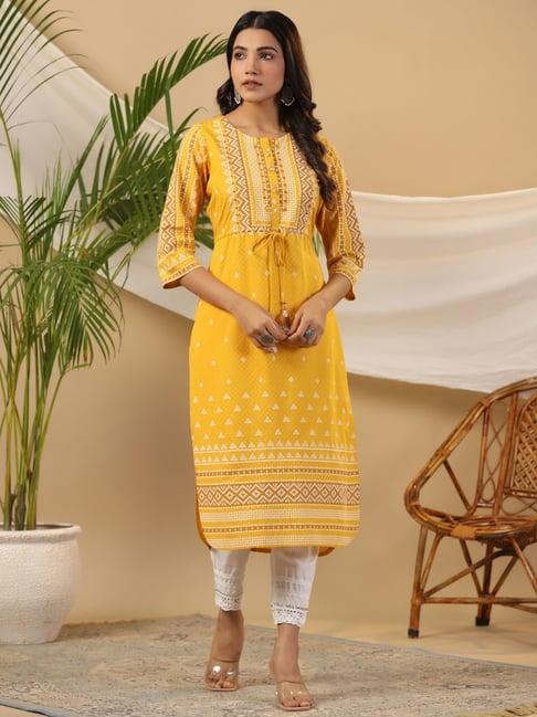 juniper the madhubala women mustard geometric print kurta with contrast beadwork sequins & tassels