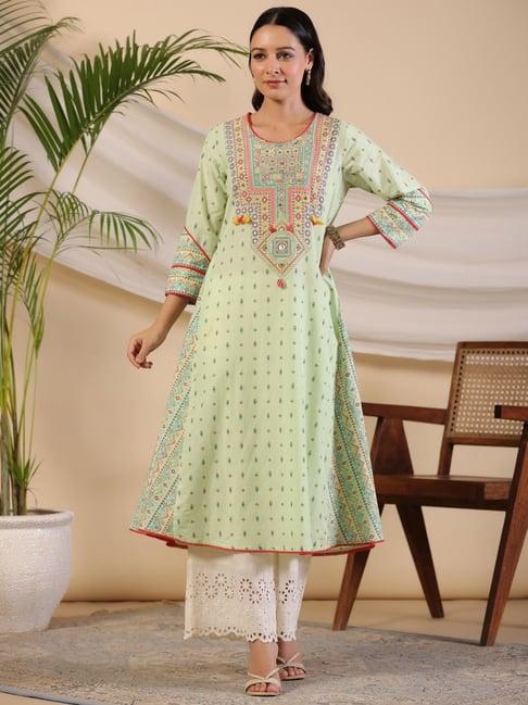 juniper the banjara cotton sage green tribal  print  kurta with contrast bead sequin kaudis & tassel