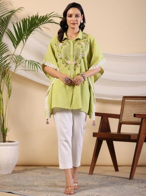 juniper green floral printed seersucker kaftan tunic with thread work