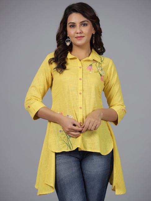 juniper yellow floral printed cotton slub tunic with thread work