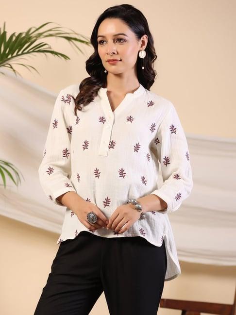 juniper ivory women floral embroidered high-low cotton tunic with half placket