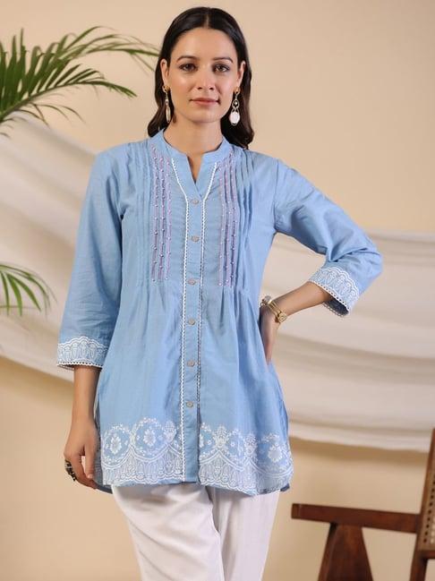 juniper powder blue ethnic motif printed pure cotton tunic with lace work