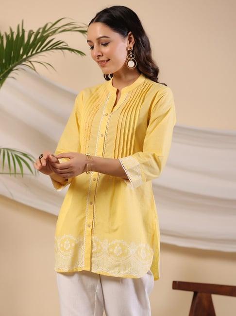 juniper yellow ethnic motif printed pure cotton tunic with lace work