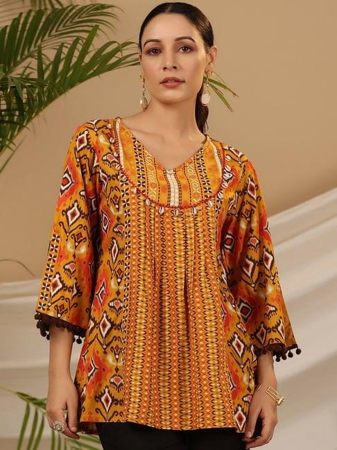 juniper mustard rayon ikat printed a-line lacy tunic with pintucks at works & beadwork