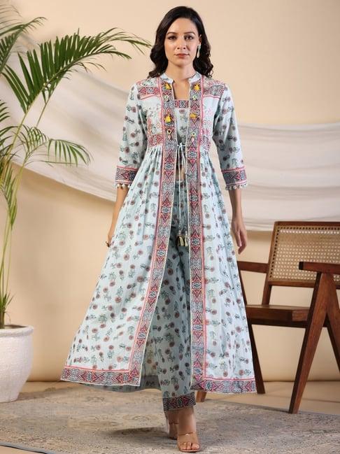 juniper sky blue floral printed pure cotton kurta & pants set with lace