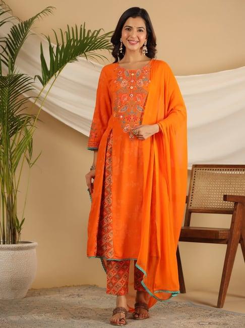 juniper orange printed kurta pant set with dupatta