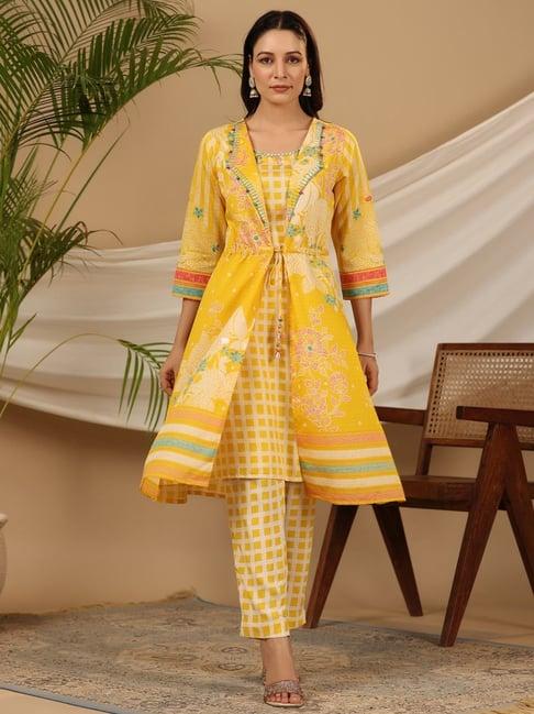 juniper yellow floral printed nylon dobby kurta with pants set with kaudis & bead work