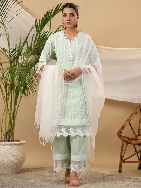 juniper the rooh mint ethnic print & lacy cotton kurta palazzo set with lining & kota doria dupatta