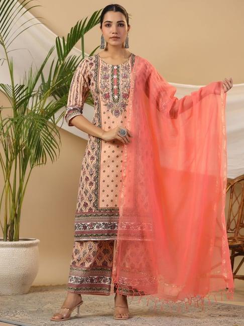 juniper peach ethnic motif print cotton kurta palazzos & kota doria dupatta with beads & sequins