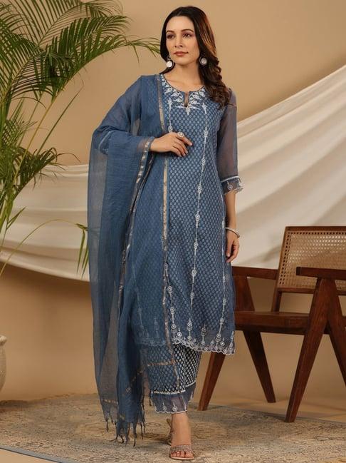 juniper blue cotton & kota doria layered kurta pants and dupatta set with thread embroidery