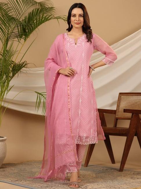 juniper the rooh pink cotton & kota doria layered kurta pants set with thread embroidery (3-pcs)