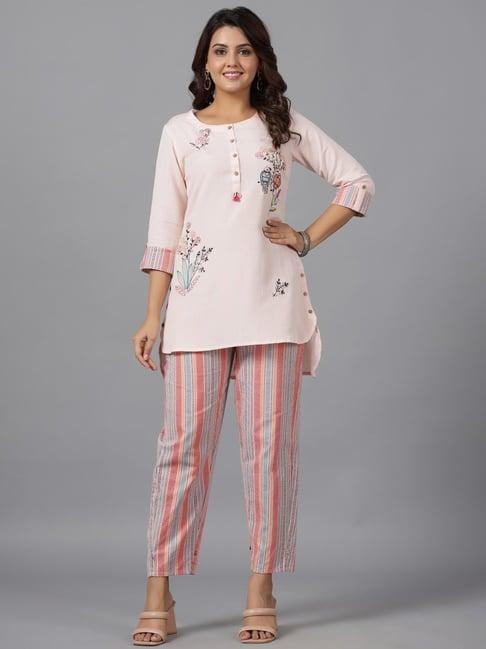 juniper the dhara pink top 7 pants co-ord set with multi color embroidery contrast beads & tassels