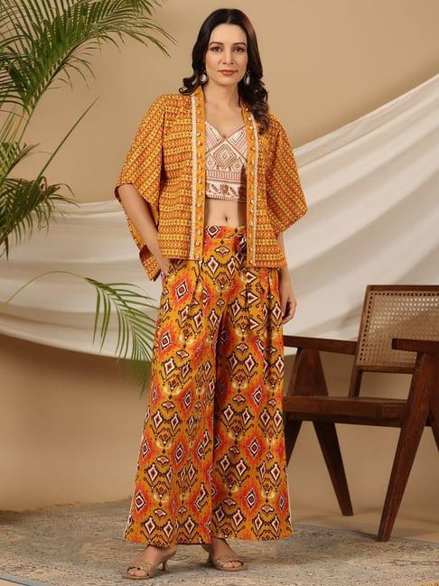 juniper mustard ikat printed & tribal embroidered rayon co-ord set with jacket & kaudis