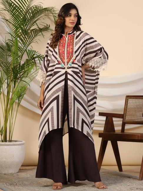 juniper brown striped cotton lacy kaftan & pants set & inner with contrast kantha and bead work