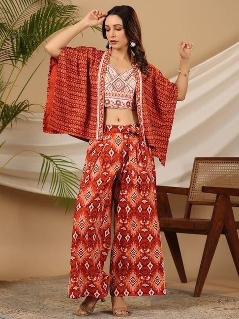 juniper rust ikat printed rayon crop top palazzos & jacket with thread work