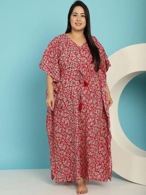 secret wish red floral print plus size kaftan nighty