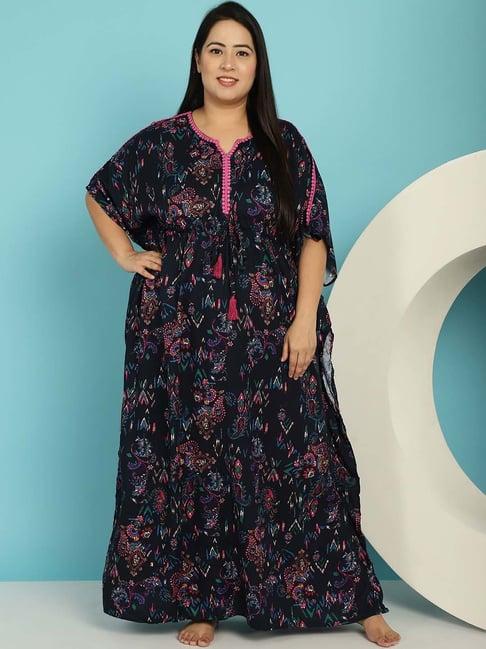 secret wish navy floral print plus size kaftan nighty