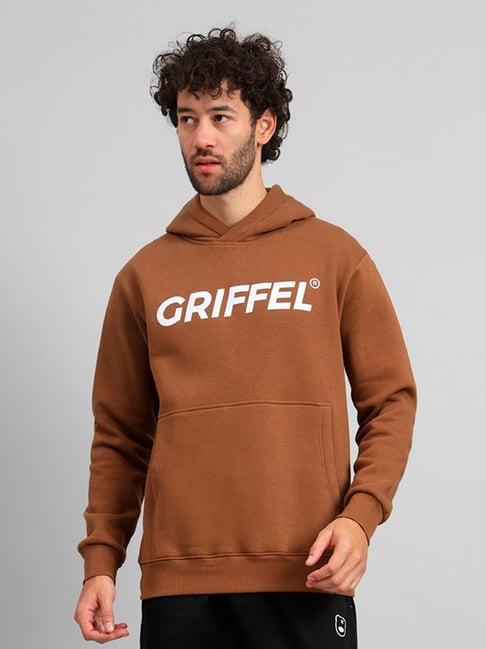 griffel brown regular fit logo print hooded sweatshirt