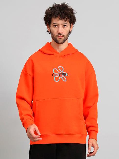 griffel orange loose fit graphic print oversized hooded sweatshirt