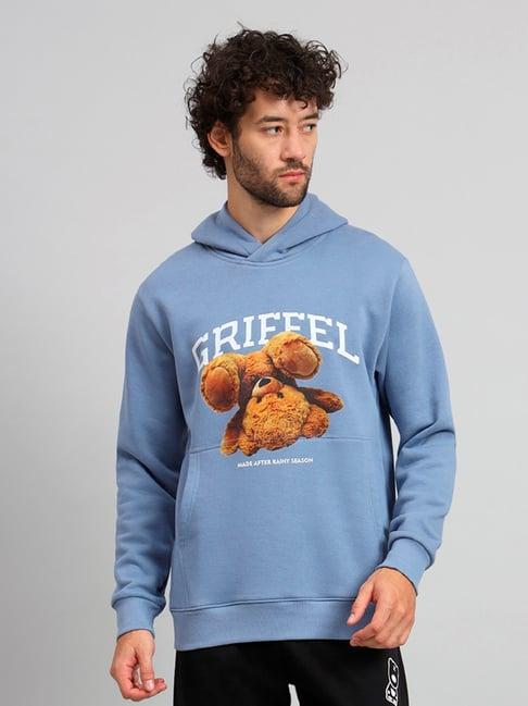 griffel sky blue regular fit graphic print hooded sweatshirt