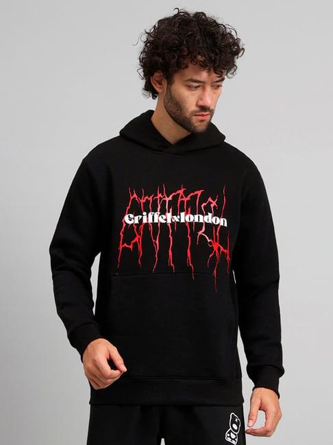 griffel black regular fit graphic print hooded sweatshirt