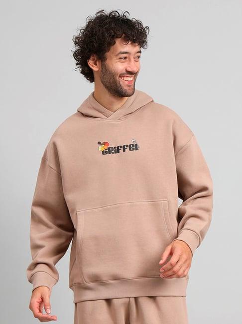 griffel camel loose fit graphic print oversized hooded sweatshirt