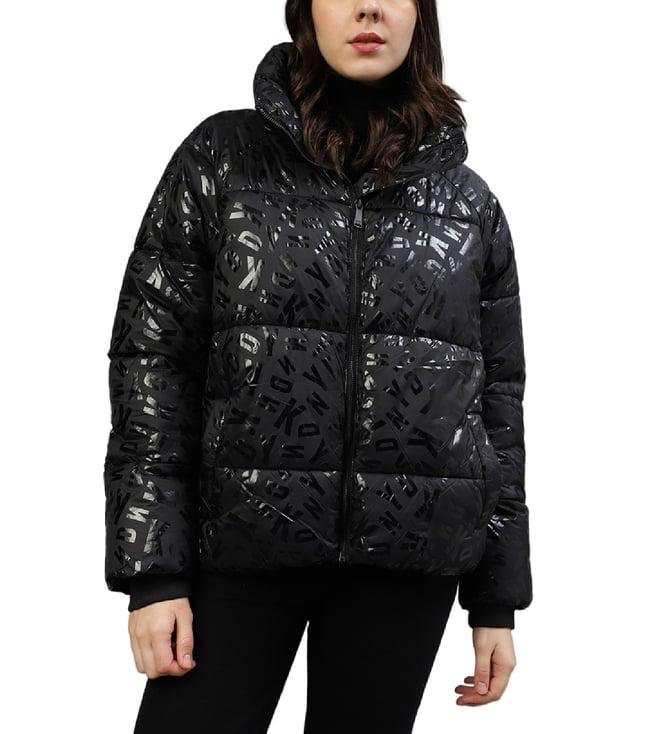 dkny black fashion printed regular fit puffer jacket